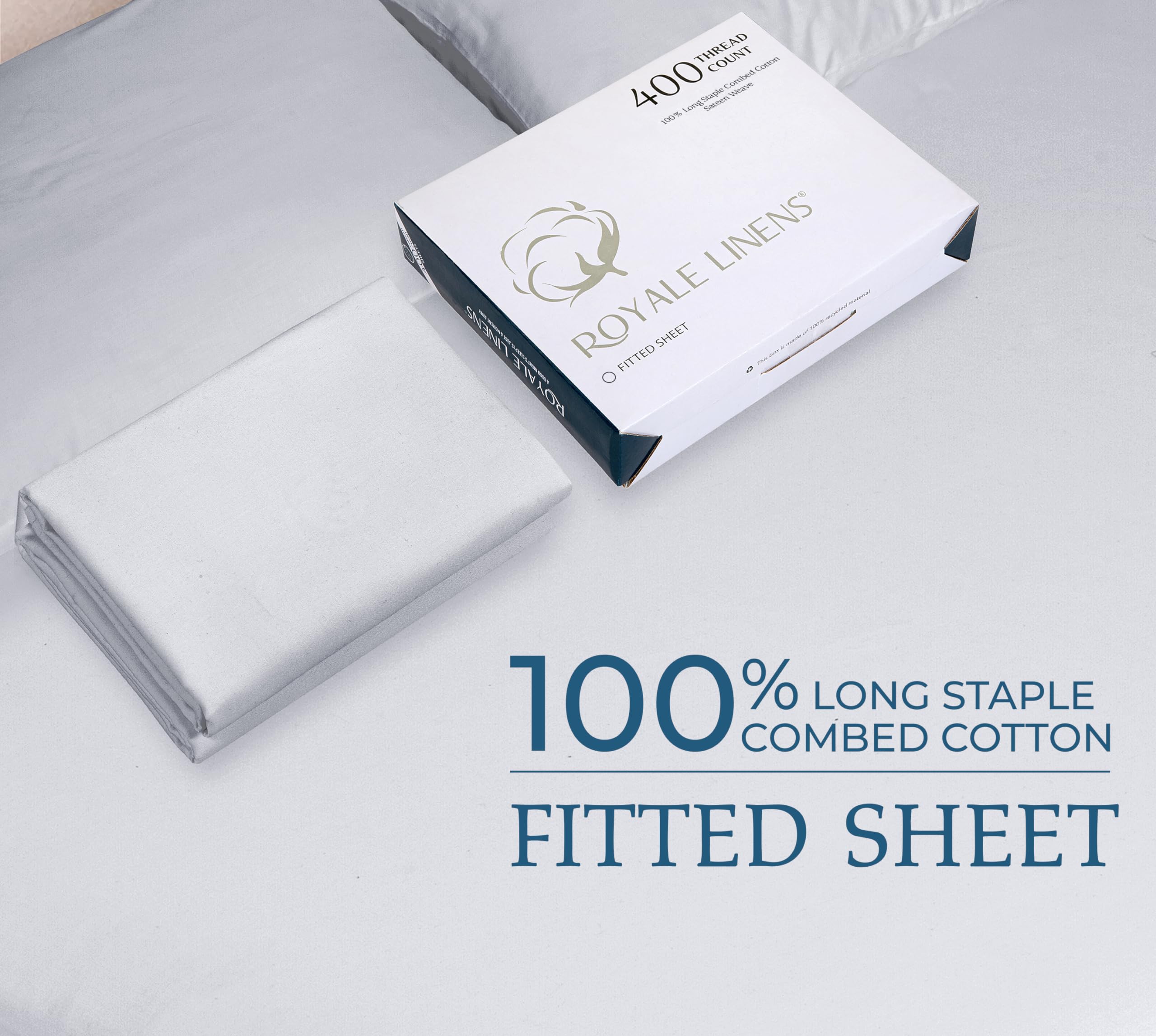 Royale Linens 400 Thread Count 100% American Grown Cotton Fitted Sheet Queen Size - All Around Elastic Fitted Sheet - Luxury Sateen Weave - Snug Fit Bottom Sheet Fit Up to 16" (Queen,Spanish Silver)