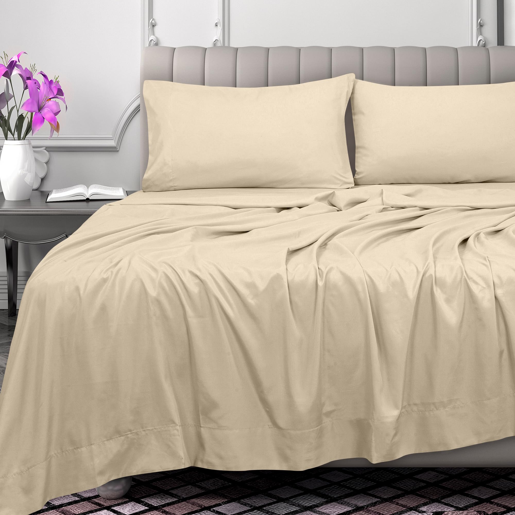 ROYALE LINENS 300 Thread Count 100% Long Staple Combed Cotton Flat Sheet - Super Soft - Top Sheet - Flat Sheet Sold Separately - Breathable, Cool & Crisp Percale Flat Sheet Only (Cream)