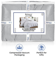 ROYALE Queen Comforter - All Season Down Alternative Bedding Comforter - Lightweight Quilted Comforter with Corner Tabs - Soft Luxury Hotel Comforter - Box Stitched Duvet Insert (Queen, Navy & Silver)