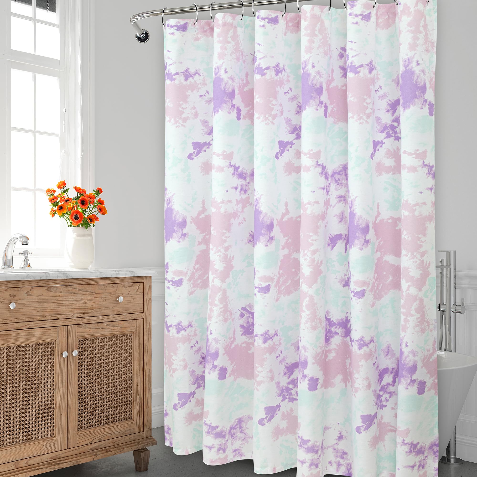 ROYALE LINENS Printed Shower Curtain 72 X 72 Inches - with Reinforced Button Holes - Tie Dye Design - Machine Washable & Water Resistant Shower Curtains (Standard - Tie Dye Purple)