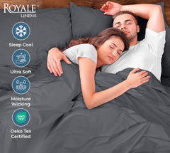 ROYALE LINENS 200 Thread Count 100% Long Staple Combed Cotton Pillowcases Set Of 2 - Ultra Soft - Queen Bed Pillow Cover - 20"x30" - Breathable, Cool & Crisp Percale White (Queen, Charcoal)