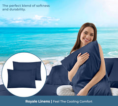 ROYALE LINENS 200 Thread Count 100% Long Staple Combed Cotton Pillowcases Set Of 2 - Ultra Soft - Queen Bed Pillow Cover - 20"x30" - Breathable, Cool & Crisp Percale White Pillow Cases (Queen, Navy)