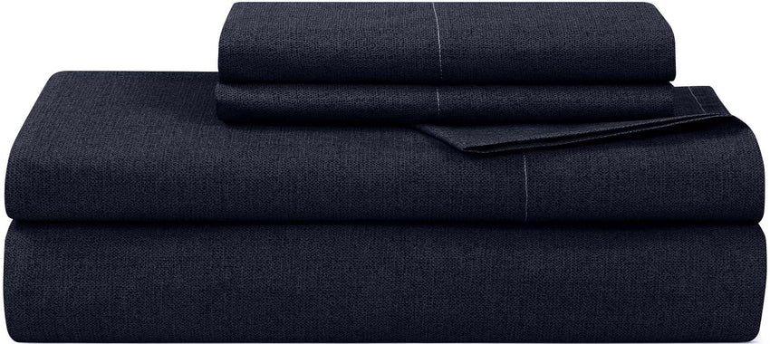 Royale Linens 300 Thread Count 100% Long Staple Combed Cotton Textured Sheet Set - 4 Piece Bed Sheet - 1 Fitted Sheet, 1 Flat Sheet, 2 Pillow case - Cool & Crisp Sheet Set (Queen, Textured Dark Blue)