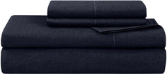 Royale Linens 300 Thread Count 100% Long Staple Combed Cotton Textured Sheet Set - 4 Piece Bed Sheet - 1 Fitted Sheet, 1 Flat Sheet, 2 Pillow case - Cool & Crisp Sheet Set (Queen, Textured Dark Blue)