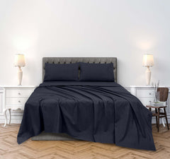 Royale Linens 300 Thread Count 100% Long Staple Combed Cotton Textured Sheet Set - 4 Piece Bed Sheet - 1 Fitted Sheet, 1 Flat Sheet, 2 Pillow case - Cool & Crisp Sheet Set (Queen, Textured Dark Blue)