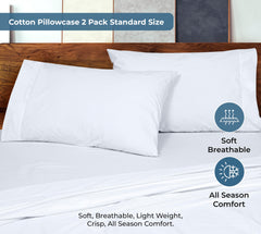 ROYALE LINENS 200 Thread Count 100% Long Staple Combed Cotton Pillowcases Set Of 2 - Ultra Soft - Queen Bed Pillow Cover - 20"x30" - Breathable, Cool & Crisp Percale White Pillow Cases (Queen, White)