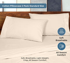 ROYALE LINENS 200 Thread Count 100% Long Staple Combed Cotton Pillowcases Set Of 2 - Ultra Soft - Queen Bed Pillow Cover - 20"x30" - Breathable, Cool & Crisp Percale White Pillow Cases ( Cream)