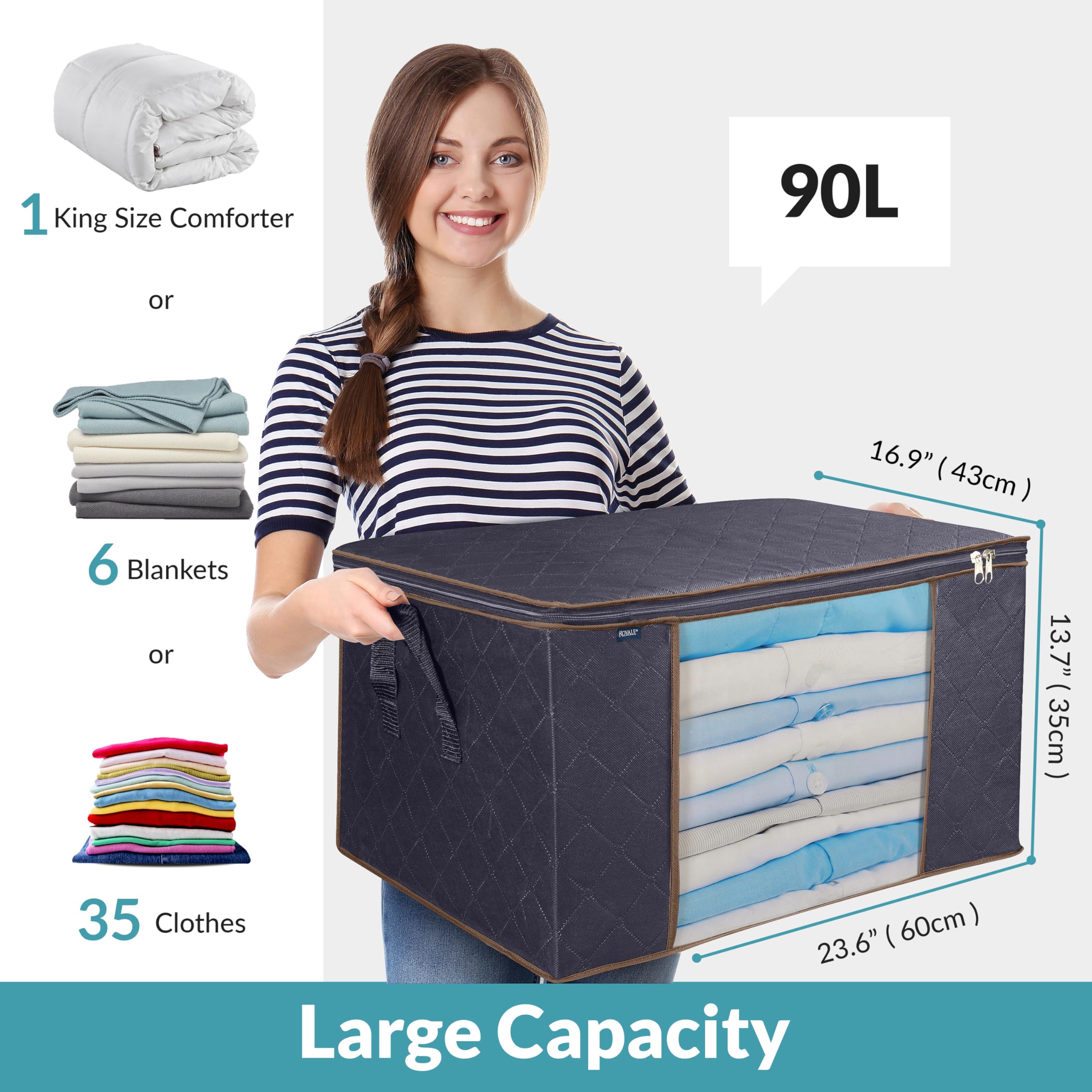 Royale Large Capacity Clothes Storage Bag Organizer with Strong Handle- 90L Fabric Bag - Zipper Closure - Storage Container for Organizing Bedroom, Closet, Clothing, Comforter with Clear Window