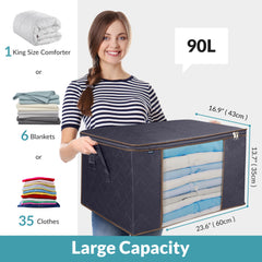 Royale Large Capacity 2 Pack Clothes Storage Bag Organizer with Strong Handle- 90L Fabric Bag - Zipper Closure - Storage Container for Organizing Bedroom, Closet, Clothing, Comforter with Clear Window