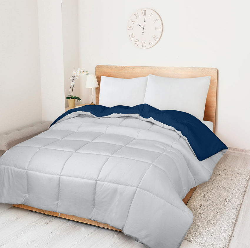 ROYALE Queen Comforter - All Season Down Alternative Bedding Comforter - Lightweight Quilted Comforter with Corner Tabs - Soft Luxury Hotel Comforter - Box Stitched Duvet Insert (Queen, Navy & Silver)