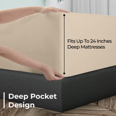 Royale Linens Extra Deep Pocket Queen Fitted Sheet Only - Soft Sand Queen Size Fitted Sheet Deep Pocket - Fits 18 inch to 24 inch Thick Mattress - Fitted Sheet Only - Elastic Sheet (Queen, Sand)