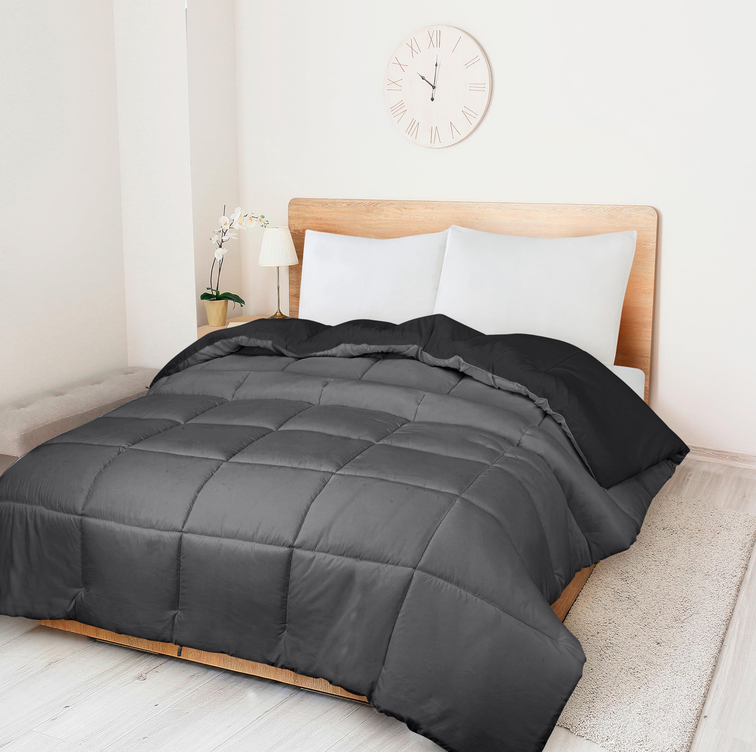 ROYALE Queen Comforter - All Season Down Alternative Bedding Comforter - Lightweight Quilted Comforter with Corner Tabs - Soft Luxury Hotel Comforter - Box Stitched Duvet Insert (Queen, Black & Grey)