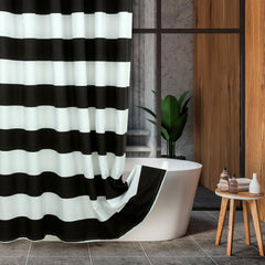 ROYALE LINENS Printed Shower Curtain 72 X 72 Inches - with Reinforced Button Holes - Rugby Stripe Black Design - Machine Washable & Water Resistant Shower Curtains (Standard - Rugby Stripe Black)