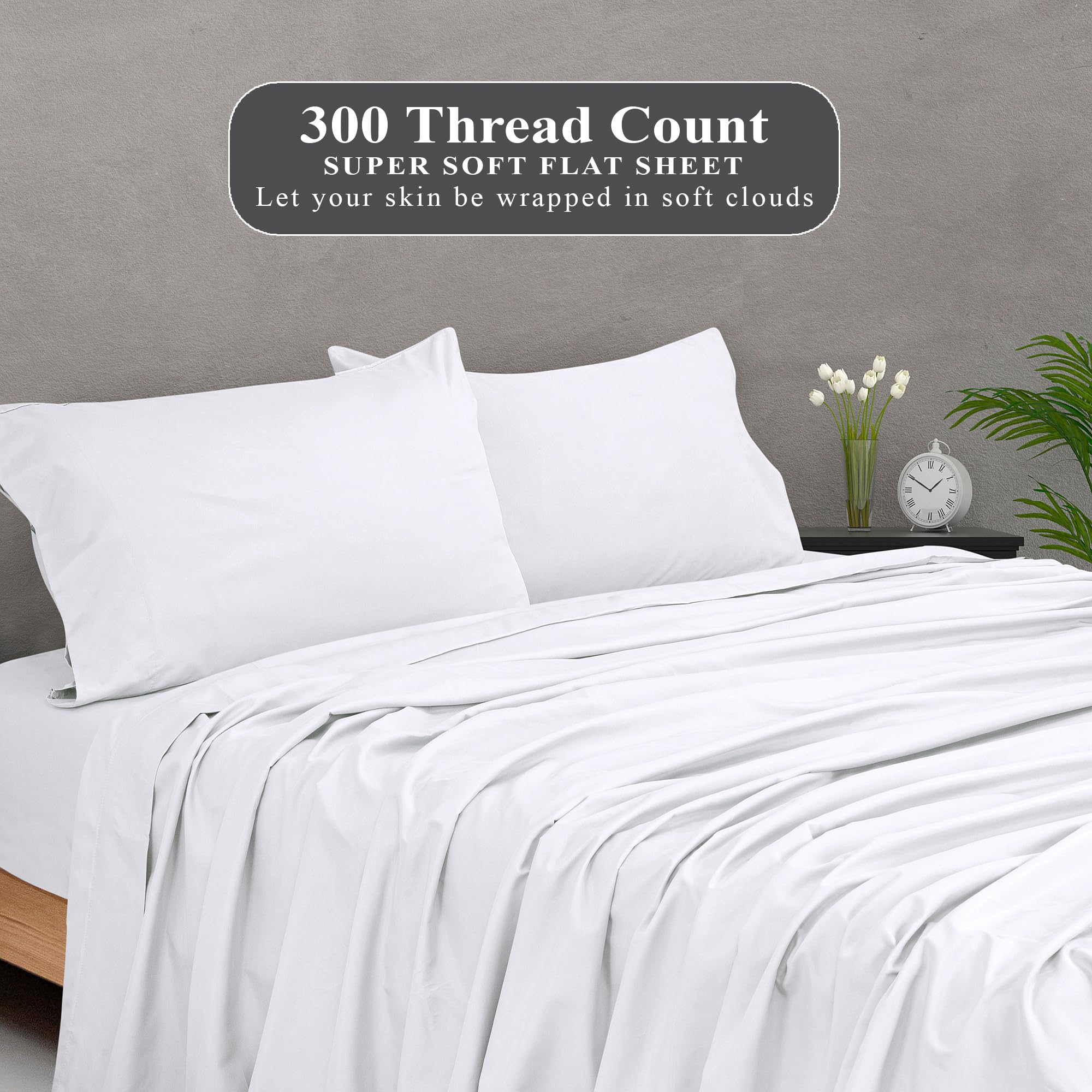 Royale Linens 300 Thread Count 100% Long Staple Combed Cotton Flat Sheet - Super Soft - Top Sheet - Queen Flat Sheet Sold Separately - Breathable, Cool & Crisp Percale Flat Sheet Only (Queen, White)