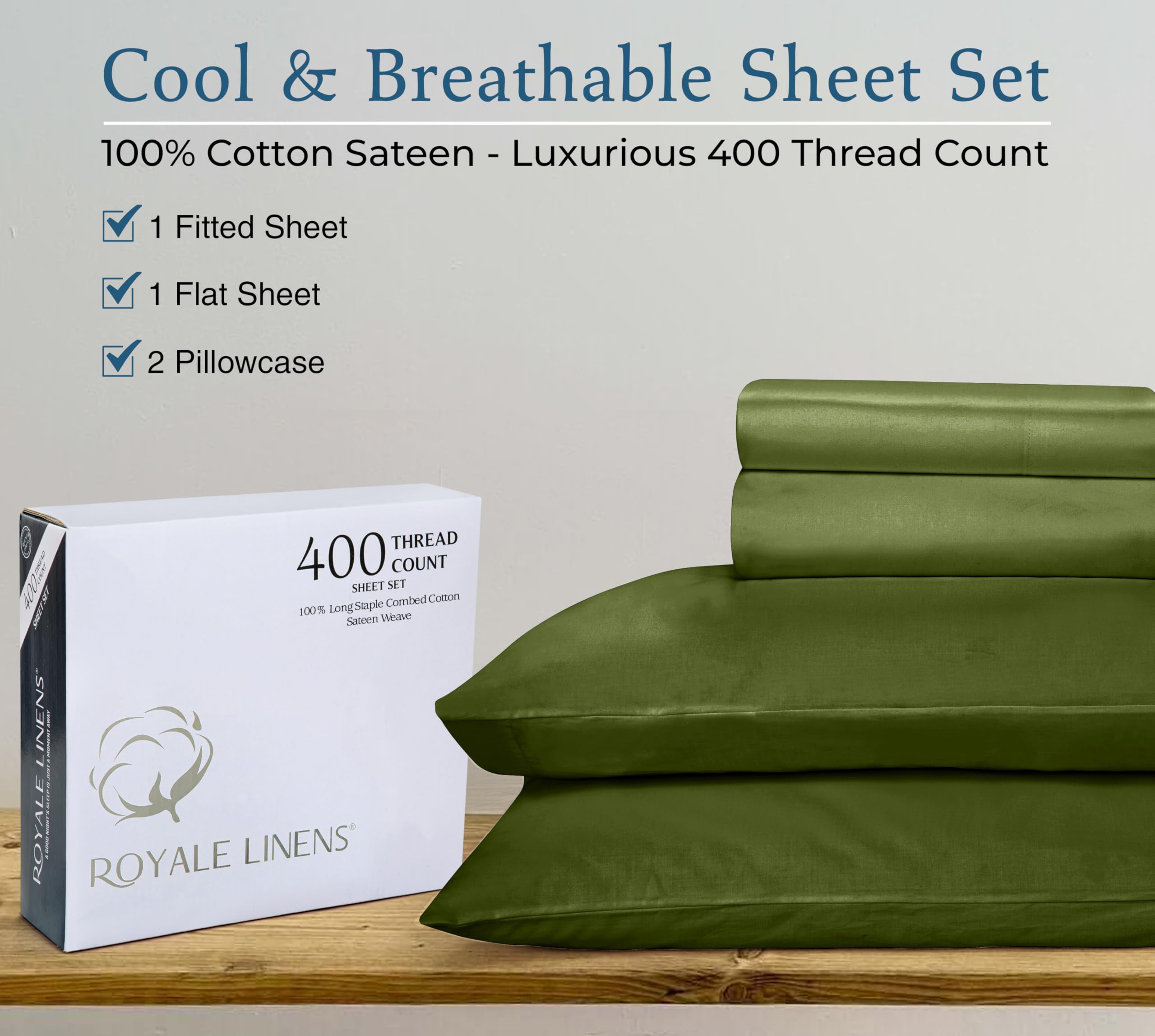 ROYALE LINENS 400 Thread Count 100% American Grown Cotton 4 Piece Sateen Queen Sheet Set - 1 Fitted Sheet, 1 Flat Sheet, 2 Pillow case - Green Queen Bedsheet - Cotton Sheets - (Queen, Parrot Green)