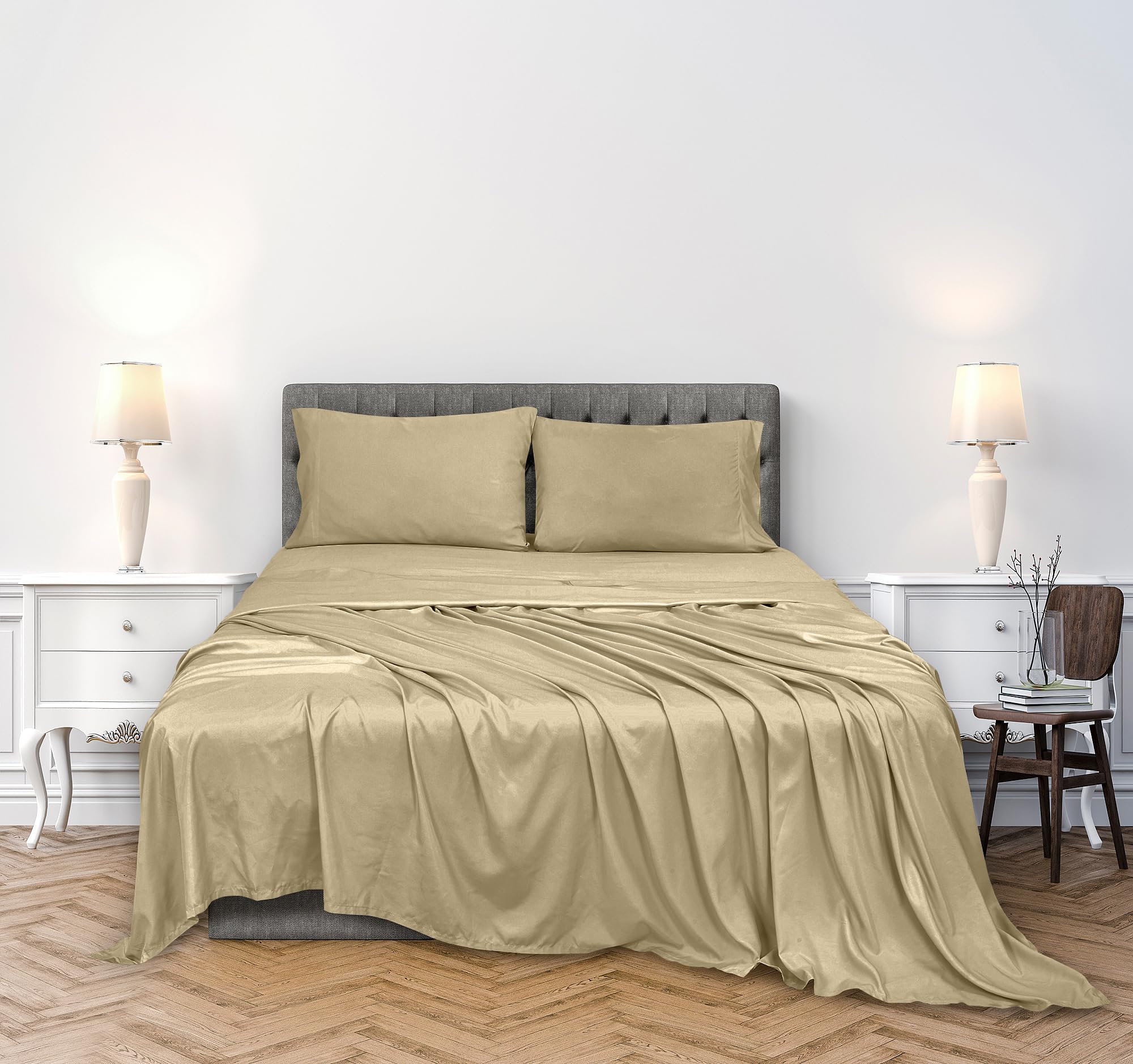 ROYALE LINENS 300 Thread Count 100% Long Staple Combed Cotton Sheet Set - 4 Piece Bed Sheet 1 Fitted Sheet, 1 Flat Sheet, 2 Pillow case - Breathable, Cool & Crisp Percale Sheet Set (Beige)