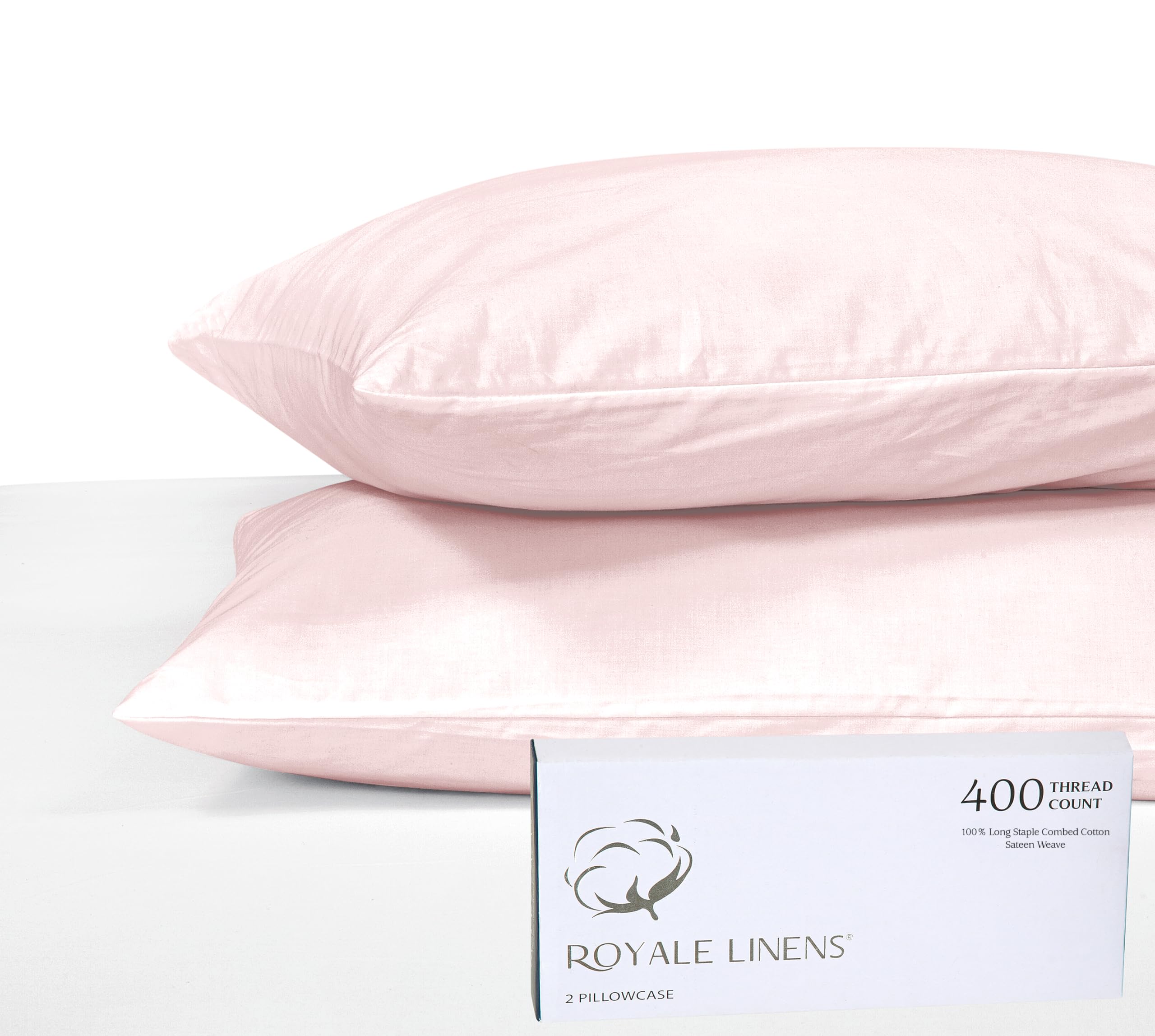 Royale Linens 400 Thread Count 100% American Grown Cotton Queen Pillowcase Set - Luxury Sateen Queen Pillow case - 20"x30" Inch - Soft & Smooth Set of 2 Pink Pillowcases - (Queen, Kyoto Blush)