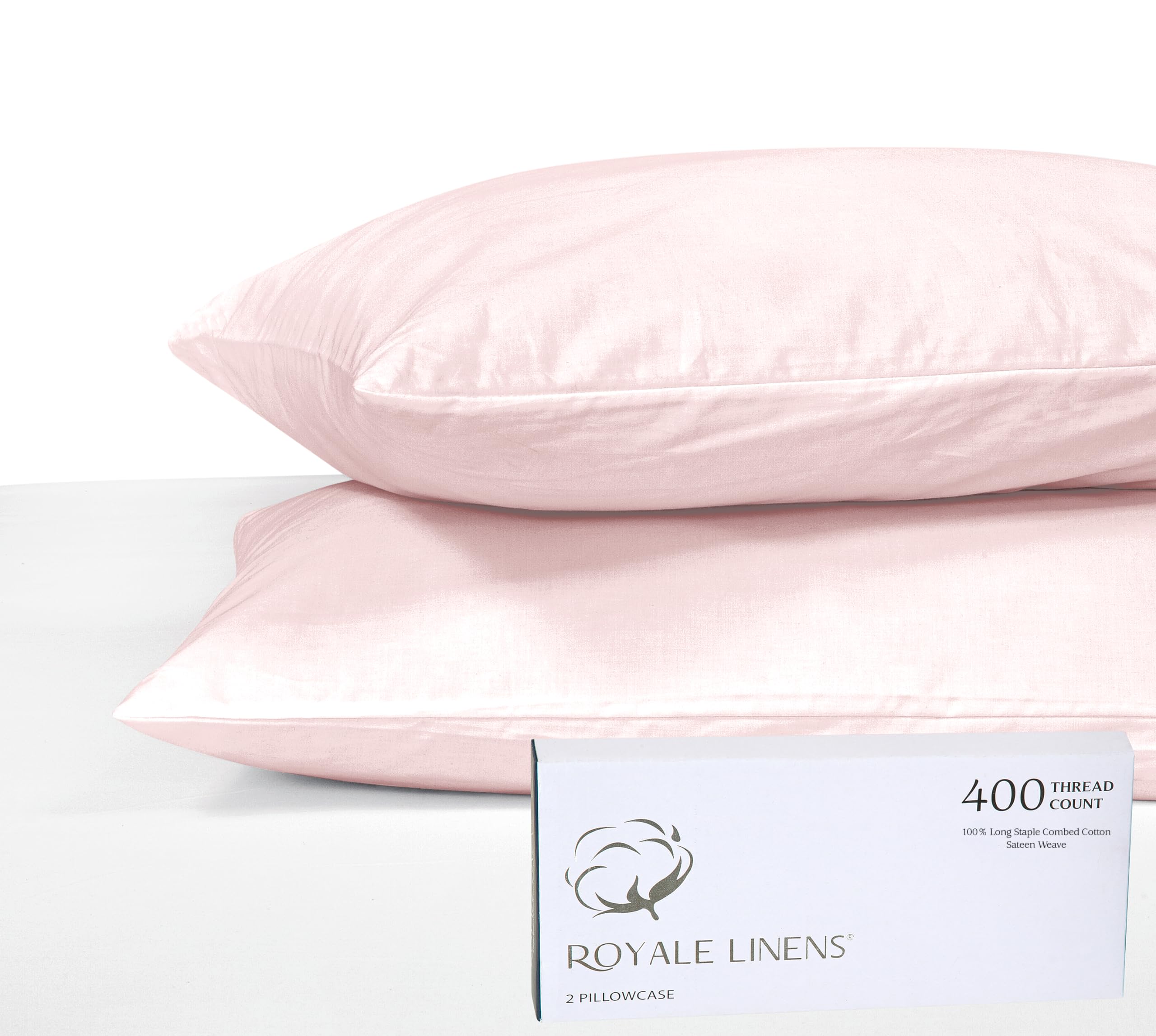 Royale Linens 400 Thread Count 100% American Grown Cotton Pillowcase Set - Luxury Sateen Pillow case - 20"x30" Inch - Soft & Smooth Set of 2 Pink Pillowcases - ( Kyoto Blush)