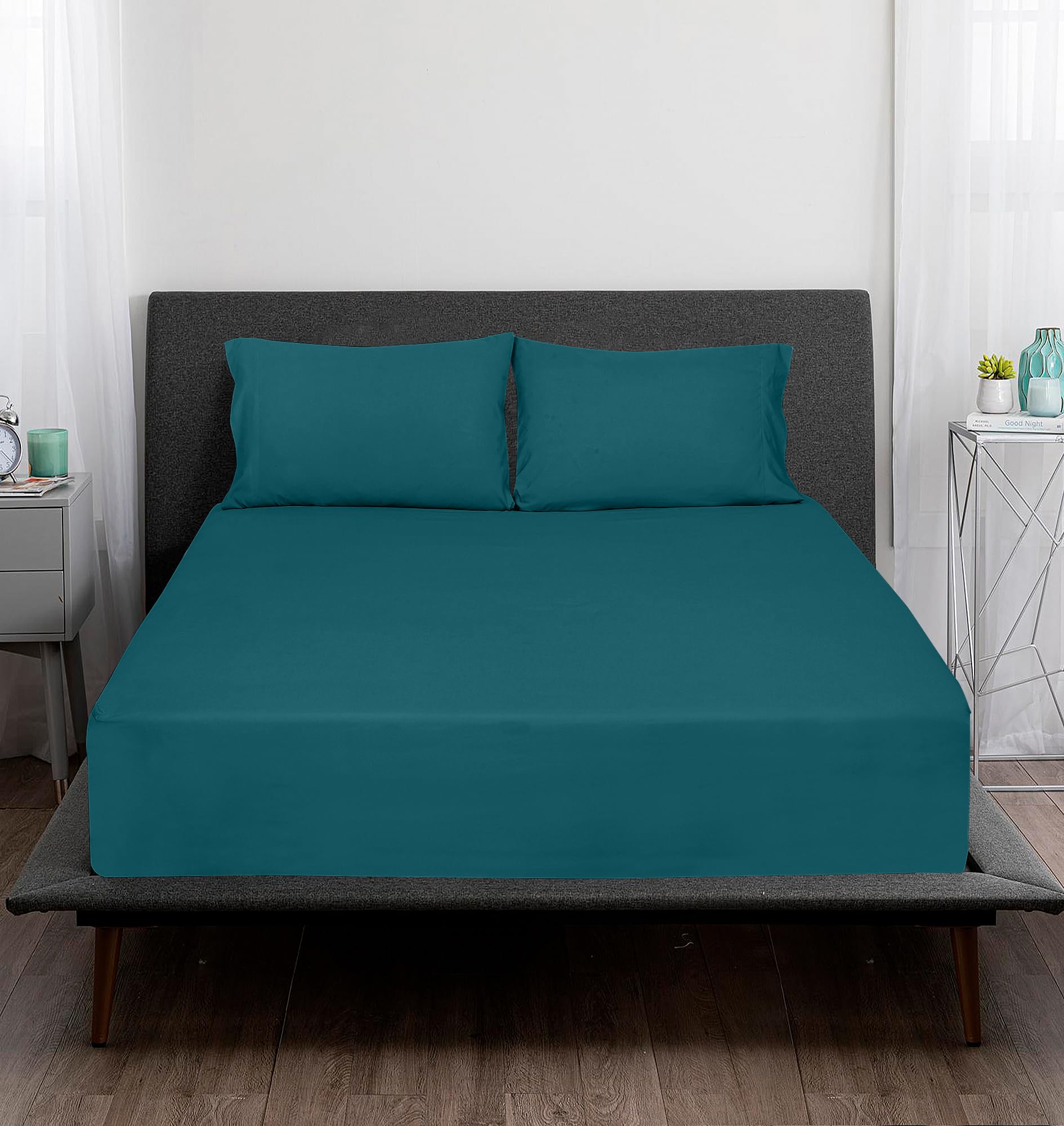 ROYALE LINENS 300 Thread Count 100% Long Staple Combed Cotton Sheet Set - 4 Piece Queen Bed Sheet 1 Fitted Sheet, 1 Flat Sheet, 2 Pillow Case - Breathable, Cool & Crisp Percale Sheet Set (Queen, Teal)