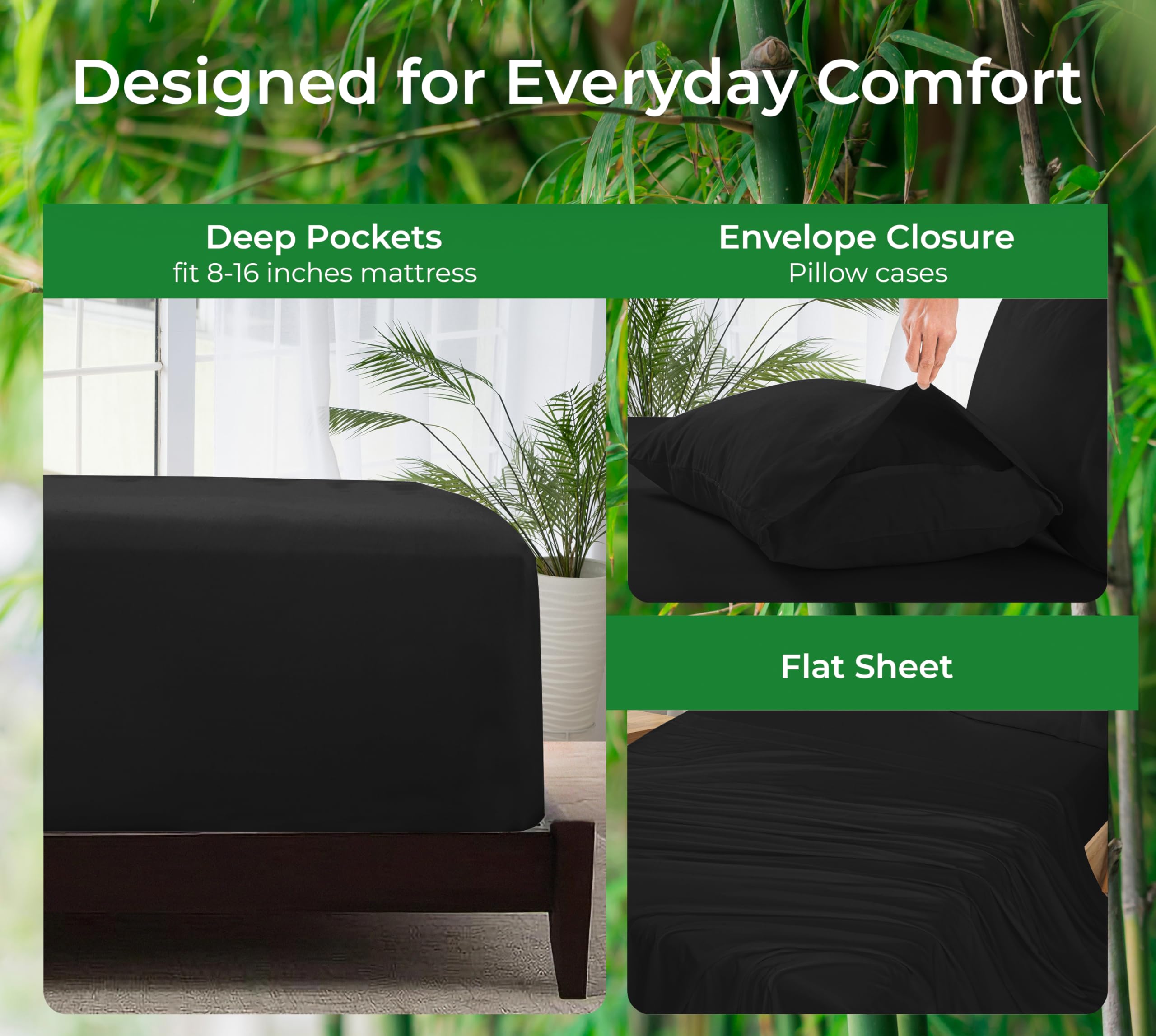 Royale Linen Bamboo Viscose Sheet Set - Cooling Bed Sheet Set - 1 Fitted, 1 Flat & 2 Pillowcase - Fits Up to 16" - Organic Viscose Derived from Bamboo - Bedding Sheet & Pillowcase (Black)