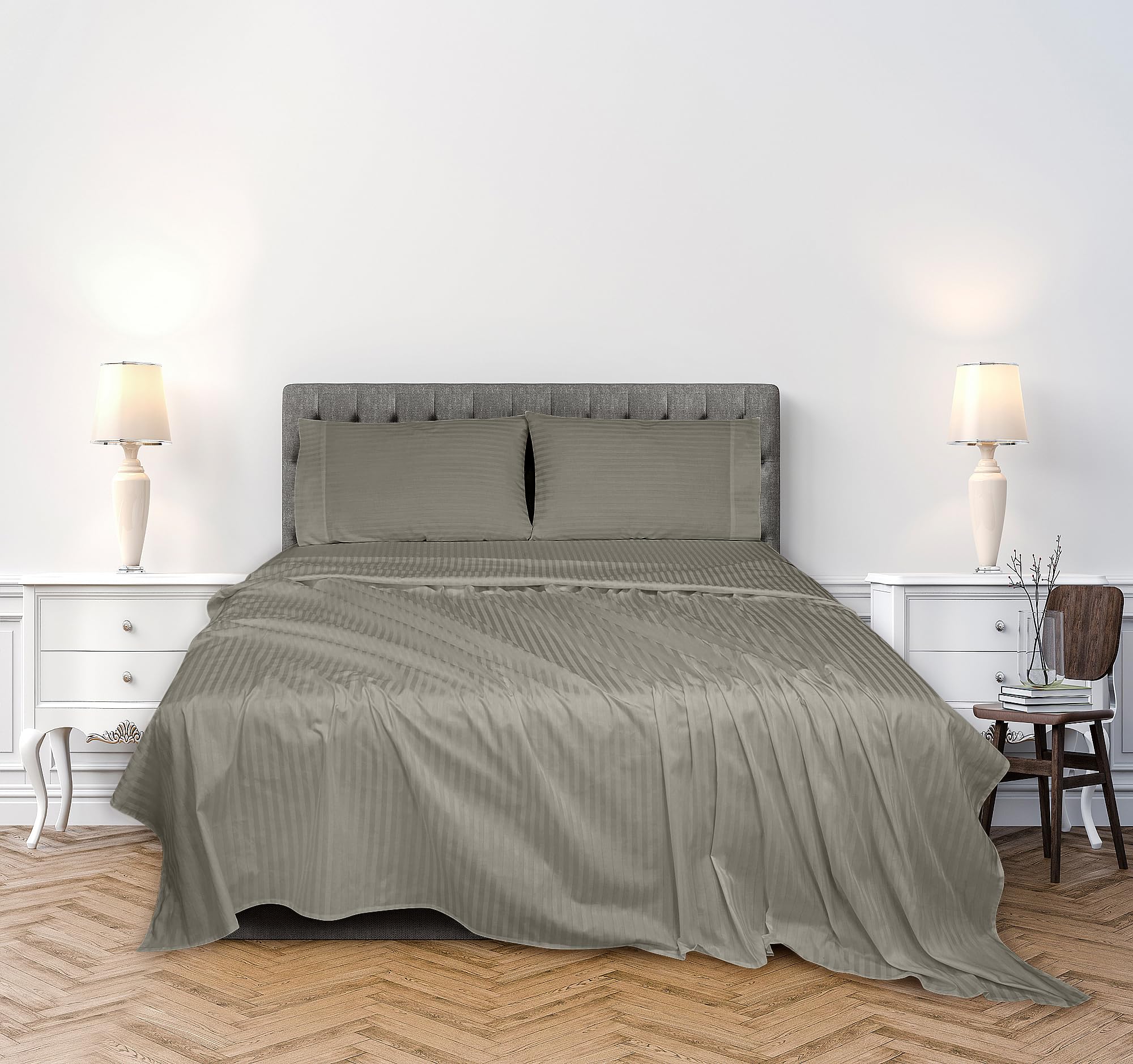 ROYALE LINENS 300 Thread Count 100% Long Staple Combed Cotton Printed Sheet Set - 4 Piece Bed Sheet - 1 Fitted Sheet, 1 Flat Sheet, 2 Pillow case - Cool & Crisp Sheet Set ( Stripe Silver)