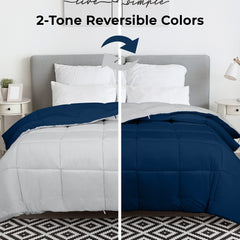 ROYALE Queen Comforter - All Season Down Alternative Bedding Comforter - Lightweight Quilted Comforter with Corner Tabs - Soft Luxury Hotel Comforter - Box Stitched Duvet Insert (Queen, Navy & Silver)