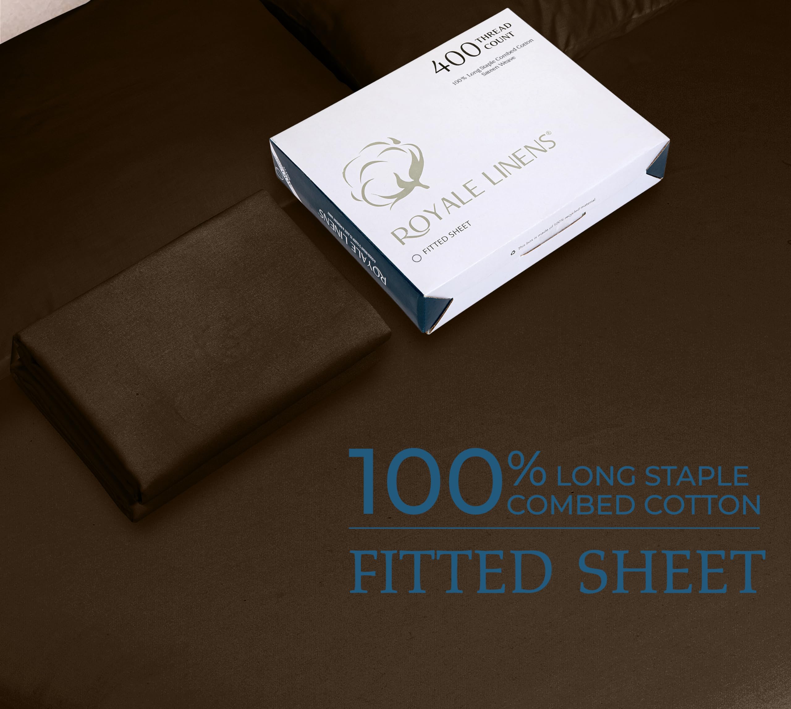 Royale Linens 400 Thread Count 100% American Grown Cotton Fitted Sheet Queen Size - All Around Elastic Fitted Sheet - Luxury Sateen Weave - Snug Fit Bottom Sheet Fit Up to 16 Inch (Queen, Hazel Nut)