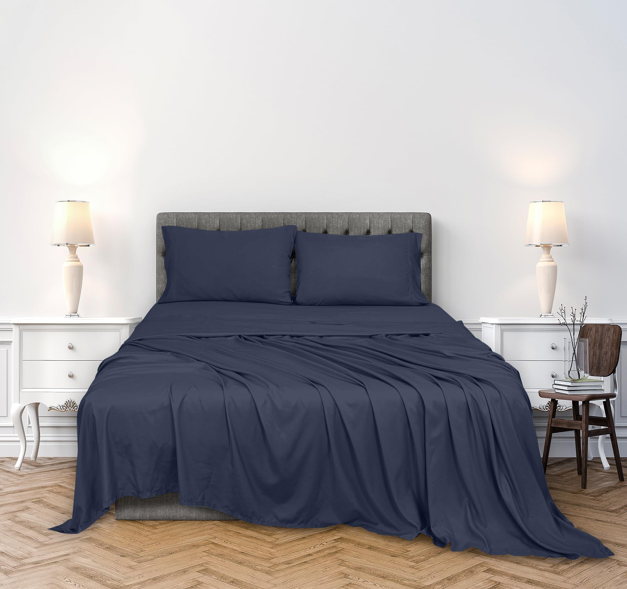 ROYALE LINENS 300 Thread Count 100% Long Staple Combed Cotton Sheet Set - 4 Piece Bed Sheet 1 Fitted Sheet, 1 Flat Sheet, 2 Pillow Case - Breathable, Cool & Crisp Percale Sheet Set (Navy)