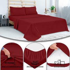 ROYALE LINEN 300 Thread Count 100% Long Staple Combed Cotton Sheet Set - 4 Piece Queen Bed Sheet 1 Fitted Sheet, 1 Flat Sheet, 2 Pillow Cases - Breathable, Cool & Crisp Percale Sheet Set (Queen, Red)