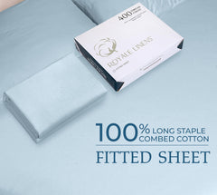 Royale Linens 400 Thread Count 100% American Grown Cotton Fitted Sheet Queen Size - All Around Elastic Fitted Sheet - Luxury Sateen Weave - Snug Fit Bottom Sheet Fit Up To 16" (Queen, Caribbean Blue)