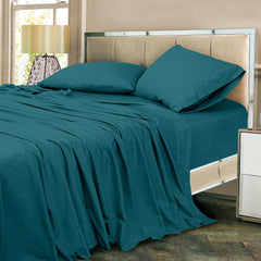 ROYALE LINENS 300 Thread Count 100% Long Staple Combed Cotton Sheet Set - 4 Piece Queen Bed Sheet 1 Fitted Sheet, 1 Flat Sheet, 2 Pillow Case - Breathable, Cool & Crisp Percale Sheet Set (Queen, Teal)