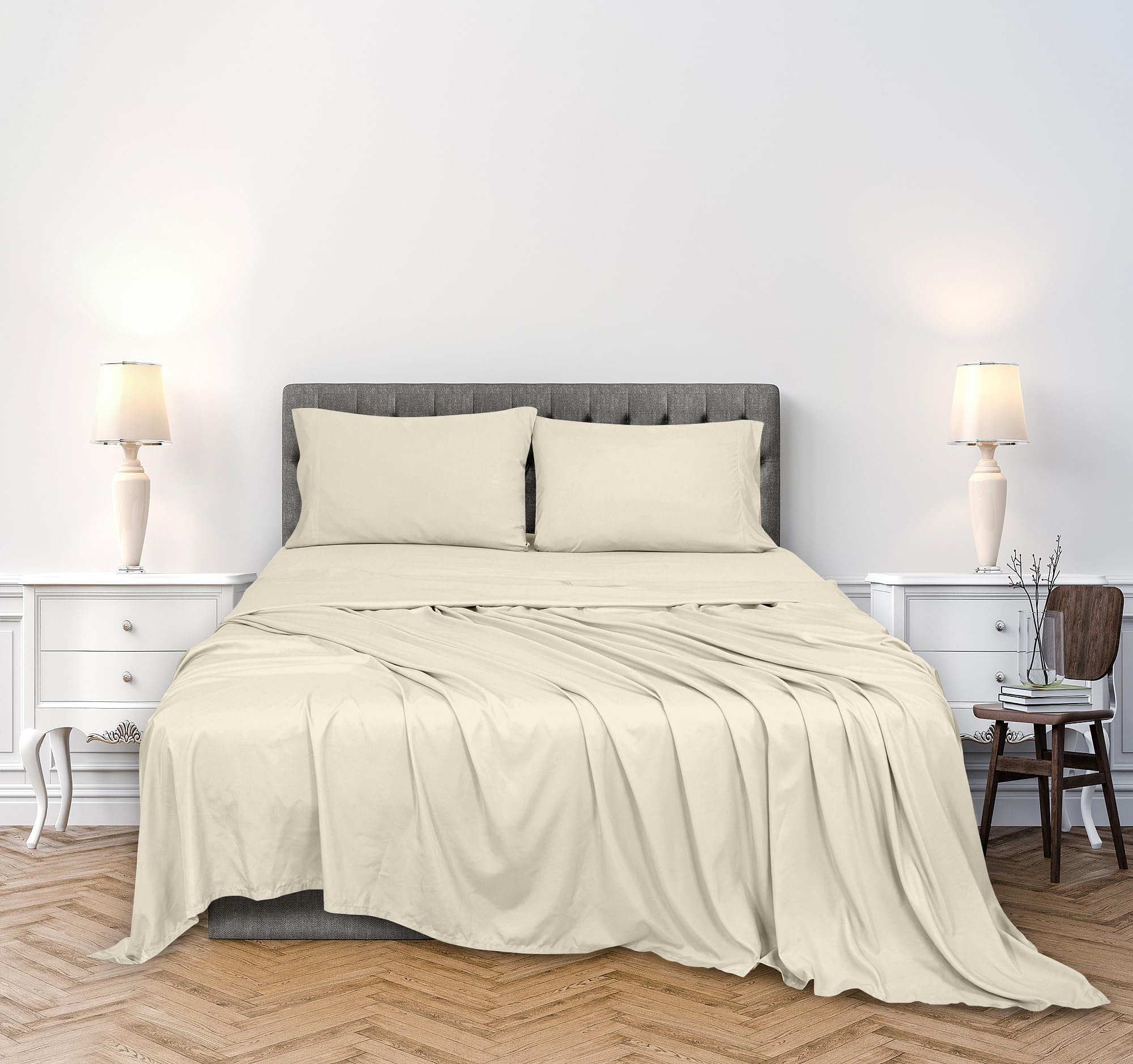 ROYALE LINENS 300 Thread Count 100% Long Staple Combed Cotton Sheet Set - 4 Piece Bed Sheet 1 Fitted Sheet, 1 Flat Sheet, 2 Pillow Case - Breathable, Cool & Crisp Percale Sheet Set (Ivory)