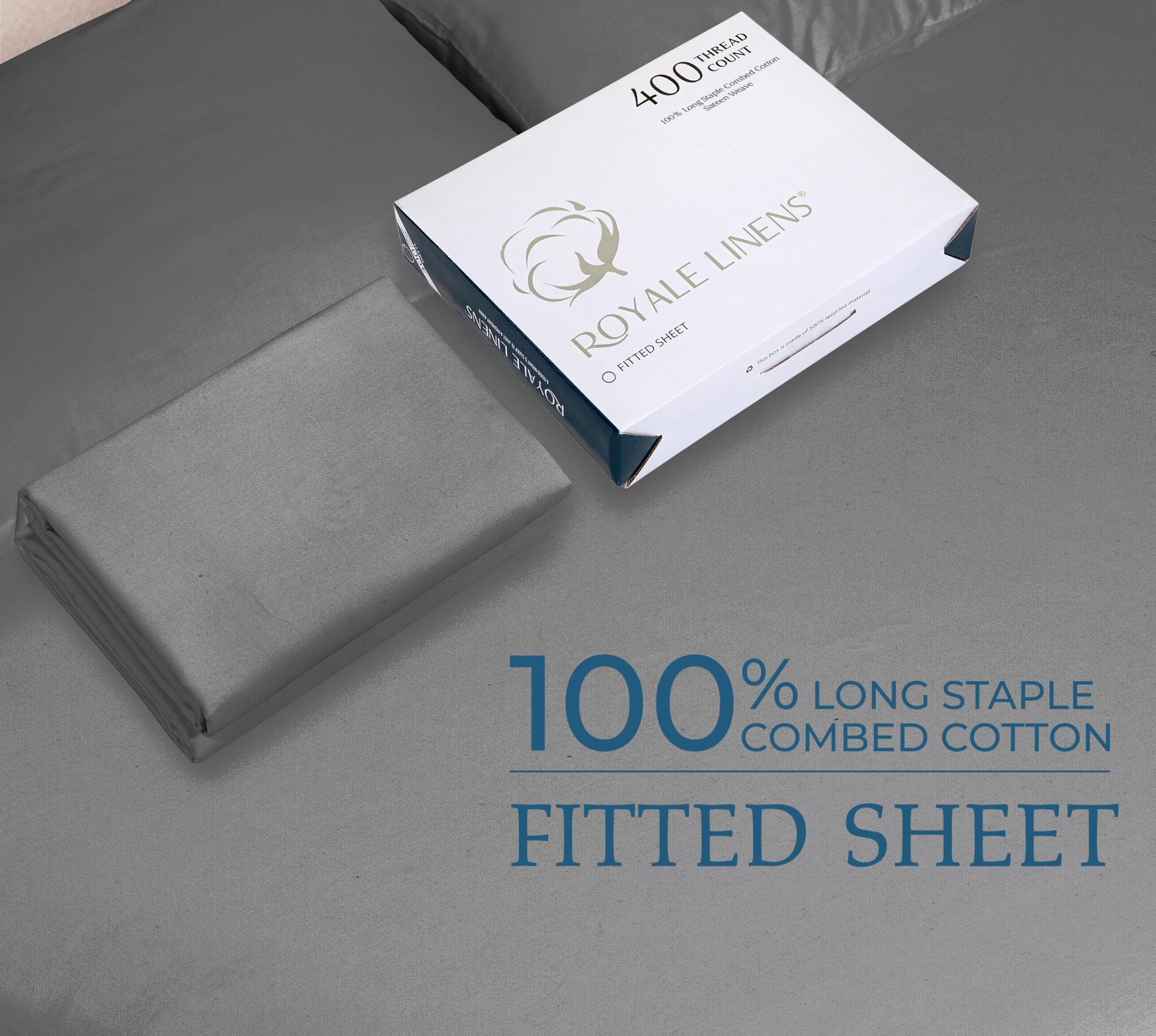 Royale Linens 400 Thread Count 100% Cotton Sateen Fitted Sheet - UltraSoft Wrinkle & Fade Resistant - Bottom Sheet - Deep Pocket Stretches Upto 16" - Fitted Sheet Only - Elastic Sheet (Charcoal Queen)