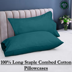 ROYALE LINENS 300 Thread Count 100% Long Staple Combed Cotton Pillowcases Set of 2 - Ultra Soft - Queen Bed Pillow Cover - 20"x30" - Breathable, Cool & Crisp Percale Teal Pillow Cases (Queen, Teal)