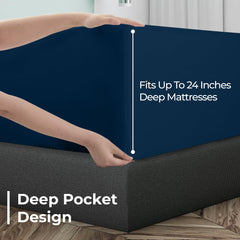 Royale Linens Extra Deep Pocket Queen Fitted Sheet Only - Soft Navy Queen Size Fitted Sheet Deep Pocket - Fits 18 inch to 24 inch Thick Mattress - Fitted Sheet Only - Elastic Sheet (Queen, Navy)