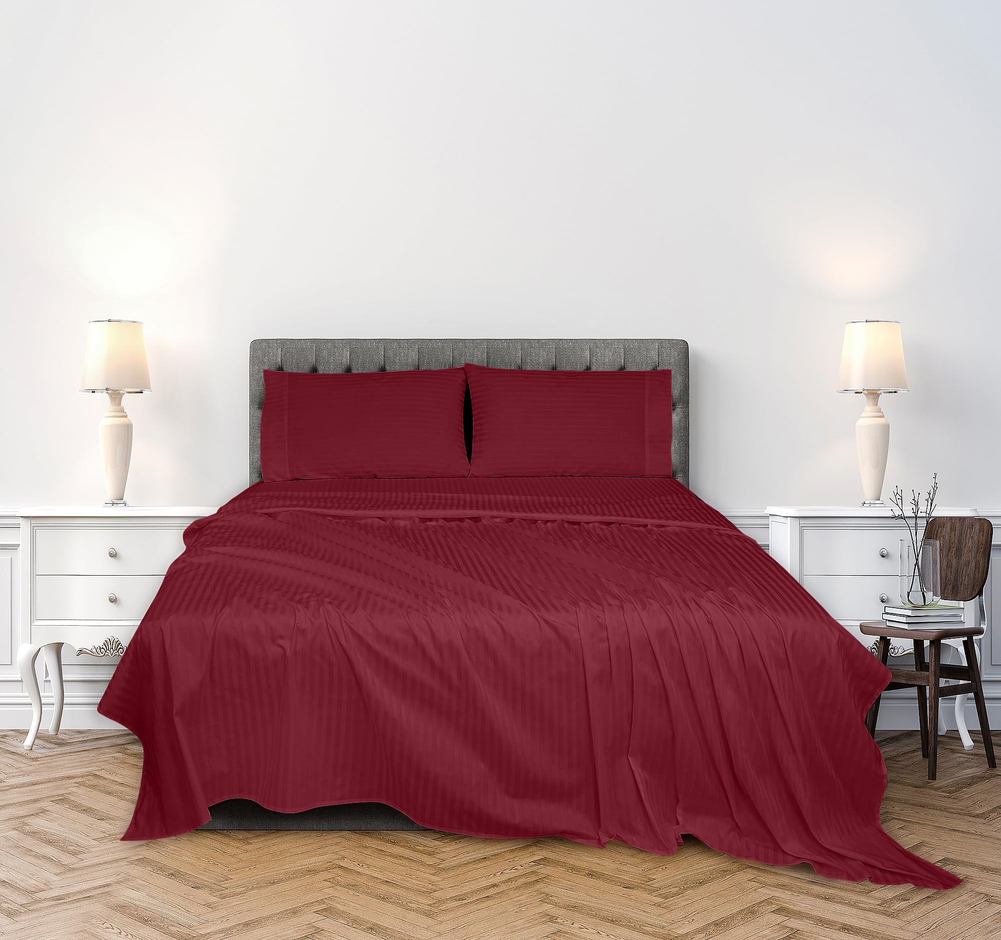 ROYALE LINENS 300 Thread Count 100% Long Staple Combed Cotton Printed Sheet Set - 4 Piece Bed Sheet - 1 Fitted Sheet, 1 Flat Sheet, 2 Pillow case -Cool & Crisp Sheet Set (Stripe Burgundy)