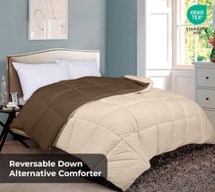 ROYALE Queen Comforter - All Season Down Alternative Bedding Comforter - Lightweight Quilted Comforter with Corner Tabs - Luxury Hotel Comforter - Box Stitched Duvet Insert (Queen, Chocolate & Sand)