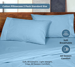 ROYALE LINENS 200 Thread Count 100% Long Staple Combed Cotton Pillowcases Set Of 2 - Ultra Soft - Queen Bed Pillow Cover - 20"x30" - Breathable, Cool & Crisp Percale White (Queen, Lake Blue)