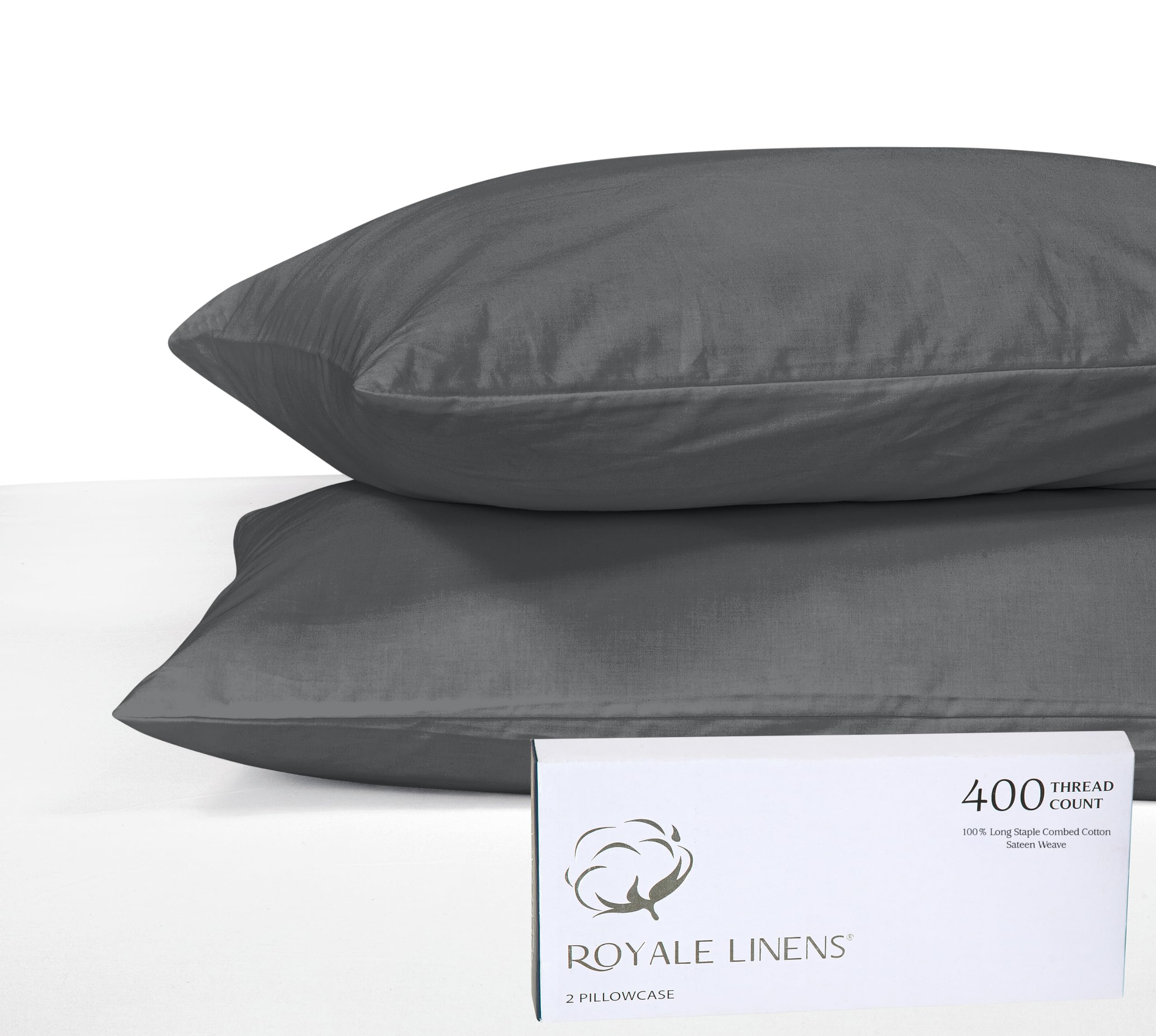Royale Linens 400 Thread Count 100% American Grown Cotton Pillowcase Set - Luxury Sateen Pillow case - 20"x30" Inch - Soft & Smooth Set of 2 Grey Pillowcases - (Spanish Slate)