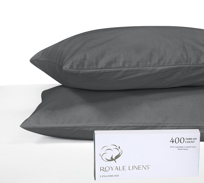 Royale Linens 400 Thread Count 100% American Grown Cotton Queen Pillowcase Set - Luxury Sateen Queen Pillow case - 20"x30" Inch - Soft & Smooth Set of 2 Grey Pillowcases - (Queen, Spanish Slate)