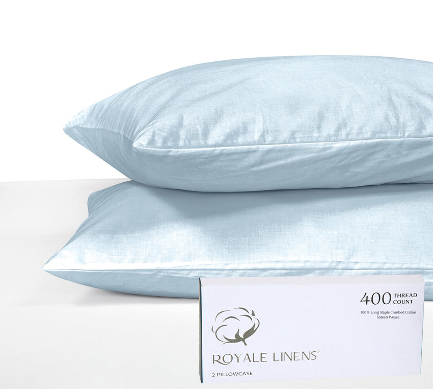 Royale Linens 400 Thread Count 100% American Grown Cotton Queen Pillowcase Set - Luxury Sateen Queen Pillow case - 20"x30" Inch - Soft & Smooth Set of 2 Blue Pillowcases - (Queen, Caribbean Blue)