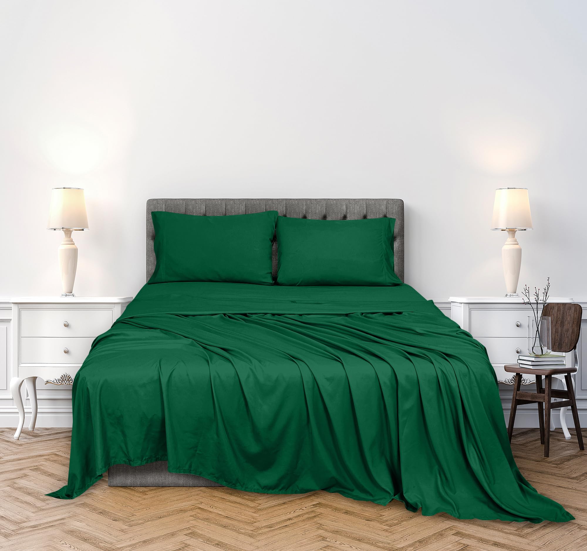ROYALE LINENS 300 Thread Count 100% Long Staple Combed Cotton Sheet Set - 4 Piece Bed Sheet 1 Fitted Sheet, 1 Flat Sheet, 2 Pillowcase - Breathable Cool & Crisp Percale Sheet Set ( Hunter Green)