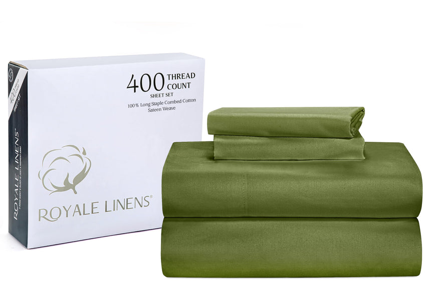 ROYALE LINENS 400 Thread Count 100% American Grown Cotton 4 Piece Sateen Queen Sheet Set - 1 Fitted Sheet, 1 Flat Sheet, 2 Pillow case - Green Queen Bedsheet - Cotton Sheets - (Queen, Parrot Green)