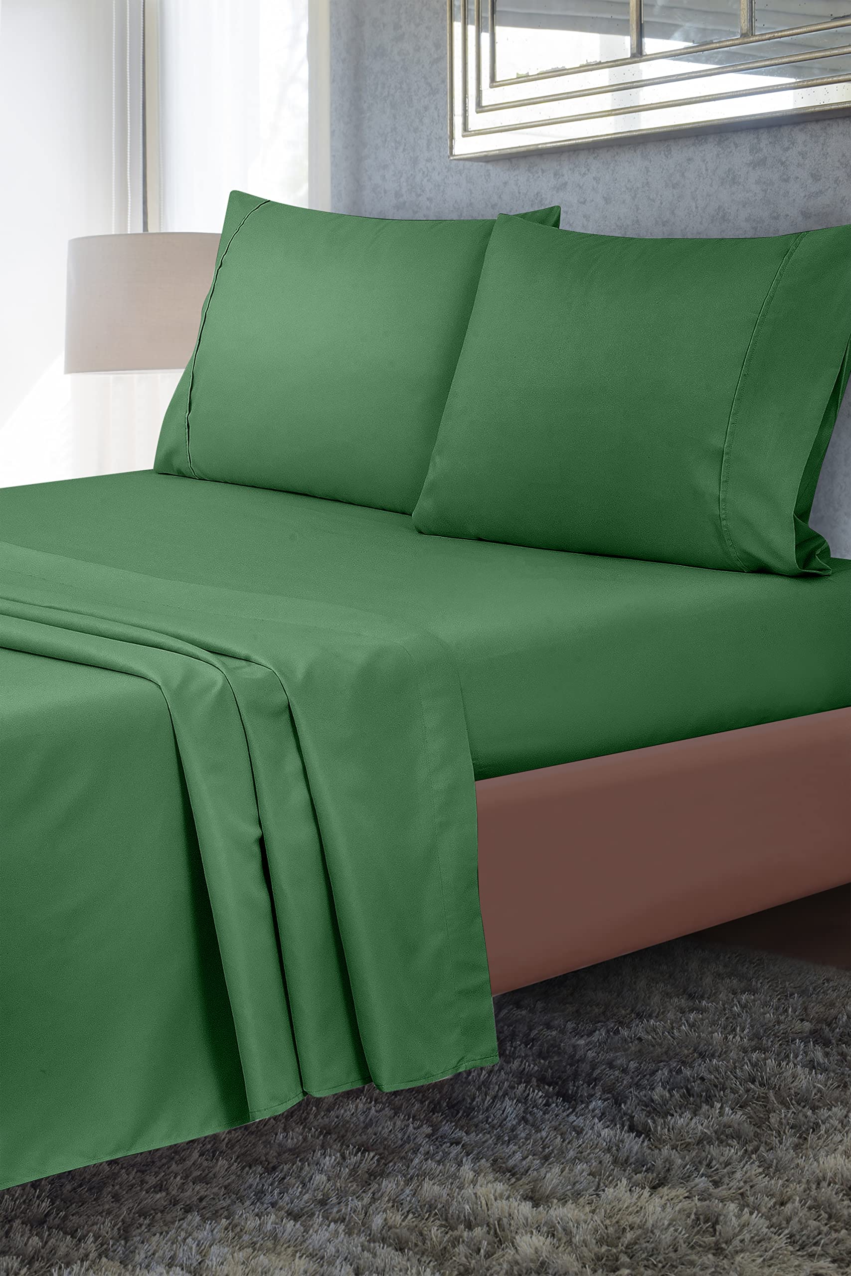 Royale Linens Flat Sheet Only - Brushed 1800 Microfiber - Ultra Soft & Breathable - Wrinkle Resistant - Hotel Quality Flat Sheet Sold Separately - Top Sheet for Bed - (Hunter Green)