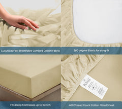 ROYALE LINENS 400 Thread Count 100% American Grown Cotton Fitted Sheet Queen Size - All Around Elastic Fitted Sheet - Luxury Sateen Weave - Snug Fit Bottom Sheet Fit Up to 16" (Queen, Moroccan Sand)