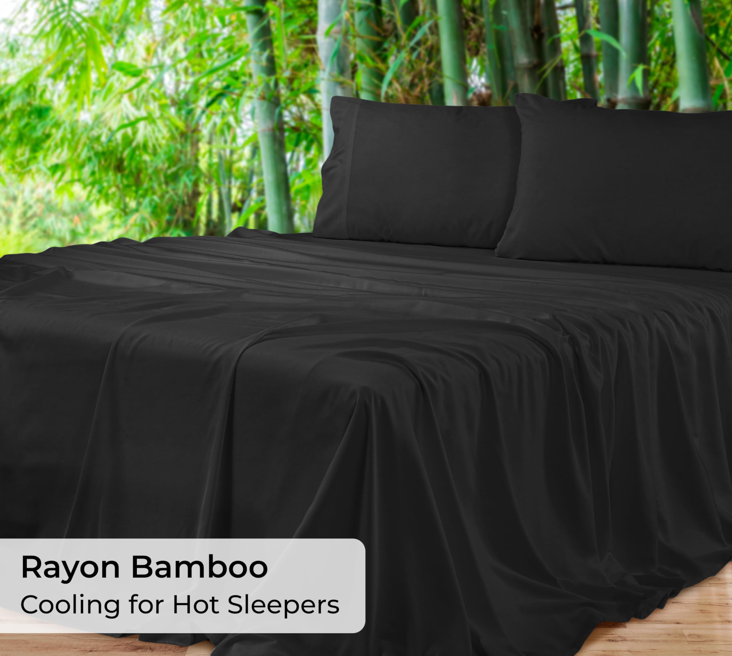 Royale Linens Bamboo Viscose Flat Sheets Only - Cooling Sheets - Organic Viscose Derived from Bamboo -  Flat Sheet Only - Top Sheet - Breathable & Silky Bedding (Black)