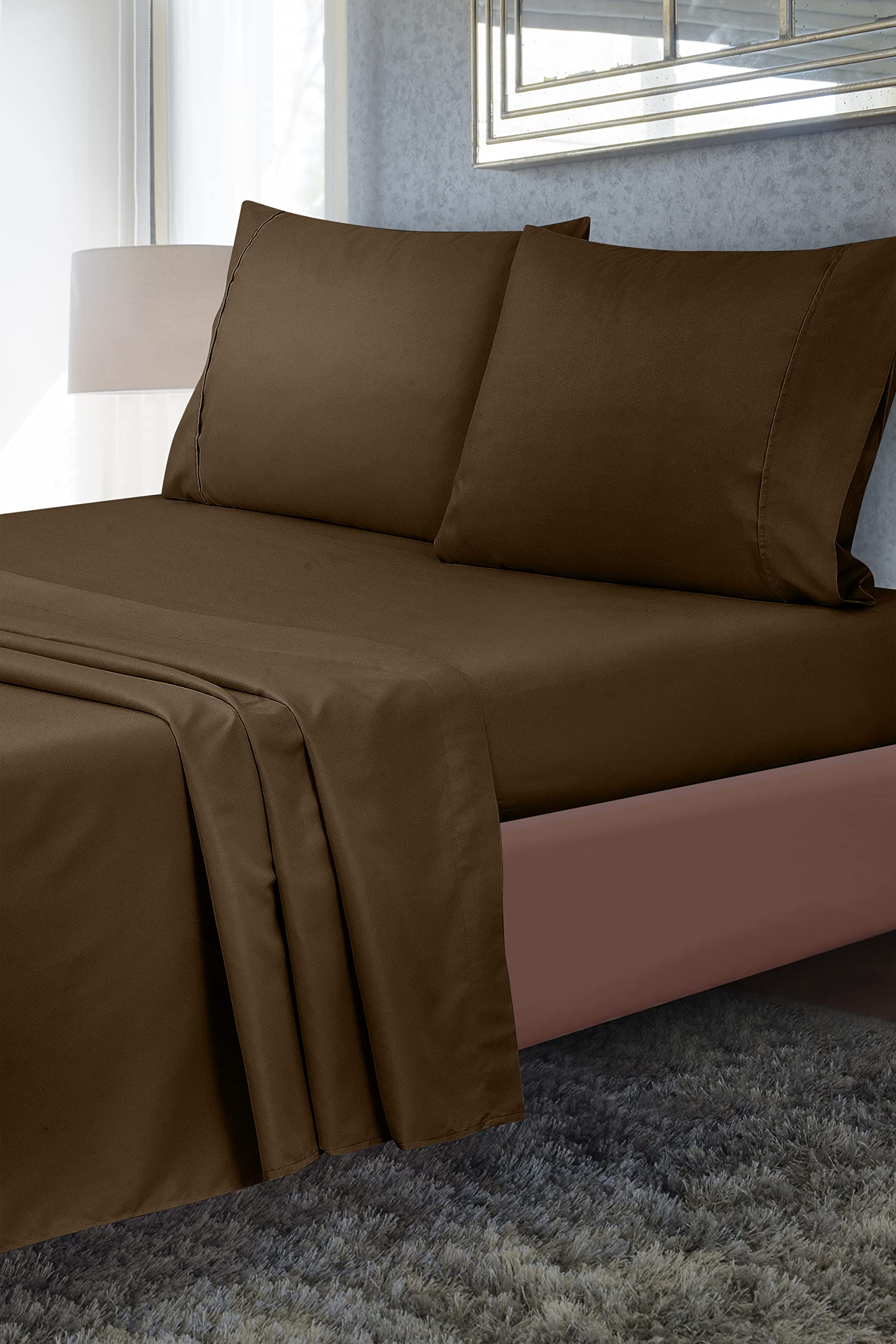 Royale Linens Flat Sheet Only - Brushed 1800 Microfiber - Ultra Soft & Breathable - Wrinkle Resistant - Hotel Quality Flat Sheet Sold Separately - Top Sheet for Bed (Chocolate)