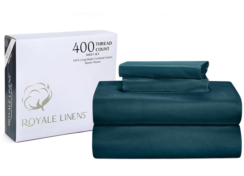 ROYALE LINENS 400 Thread Count 100% American Grown Cotton 4 Piece Sateen Queen Sheet Set - 1 Fitted Sheet, 1 Flat Sheet, 2 Pillow case - Sea Green Queen Bedsheet - Cotton Sheets - (Queen, Sea Green)