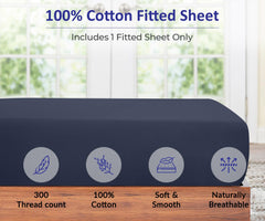 Royale Linens 300 Thread Count 100% Long Staple Combed Cotton Fitted Sheet - Super Soft Deep Pocket Bottom Sheet - Navy Fitted Sheet Queen Size -Queen Fitted Sheet Only - Elastic Sheet (Queen, Navy)