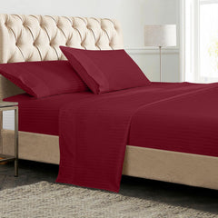 ROYALE LINENS 300 Thread Count 100% Long Staple Combed Cotton Printed Sheet Set - 4 Piece Queen Bed Sheet - 1 Fitted Sheet, 1 Flat Sheet, 2 Pillow case -Cool & Crisp Sheet Set (Queen, Stripe Burgundy)